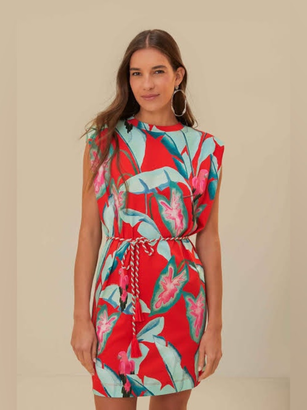 FARM Rio Red Tropical Rope-Waist Midi Dress EUC